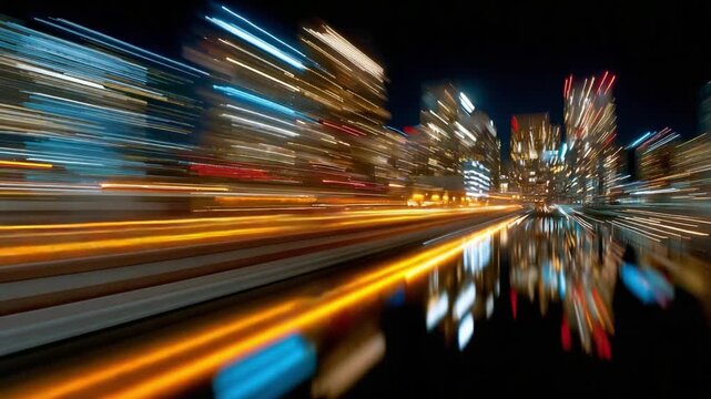 Cityscape's Electric Rush: A dynamic portrayal of a bustling cityscape ablaze with the energy of constant motion and the vibrant illumination of city lights, painting a captivating abstract vista.