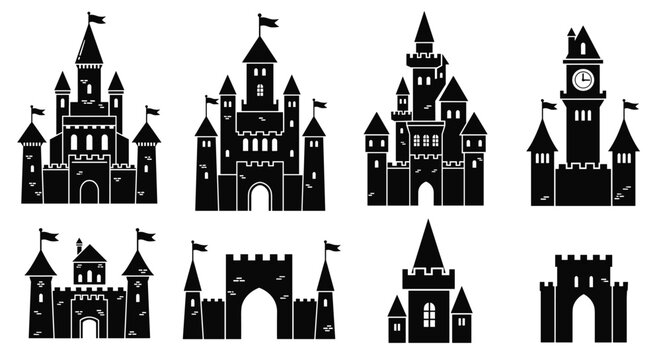 Detailed silhouette icons of various medieval and royal castles with towers and flags for fantasy games or historical map design.
