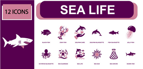 Sea life icon set containing fish, crayfish, dolphin care, dolphin silhouette, jellyfish, octopus silhouette, sea guardian, sea urchin, shark fish and more solid fill vector icons. © Mellisa