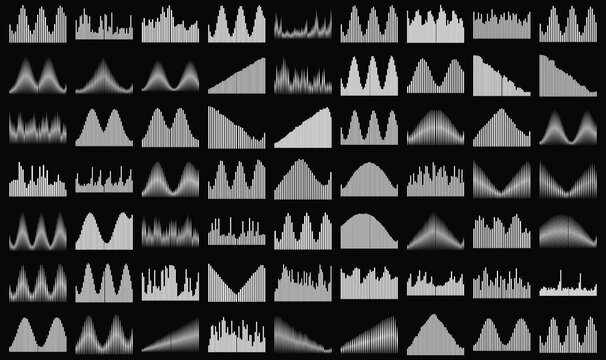 Minimalist audio waveform collection, set of 56 white sound wave icons on black background. Digital signal processing visualization elements, electronic music frequency bars and rhythmic pulse