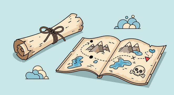 Ancient treasure map with a rolled scroll and detailed paths through mountains and lakes including a skull and crossbones icon.