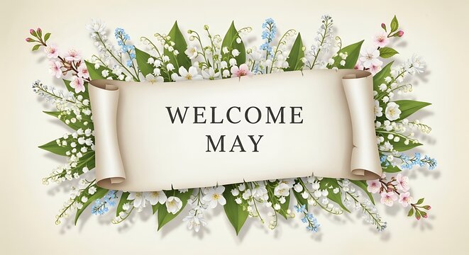 welcome may floral banner with pastel spring flowers and elegant script on parchment