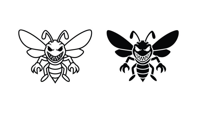 Aggressive cartoon bee or wasp outline and silhouette vector illustration with sharp teeth and claws