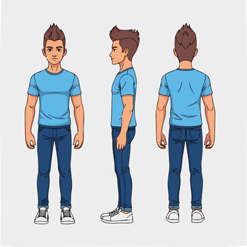 Young male character design sheet showing front side and back views of a man wearing a blue shirt and jeans