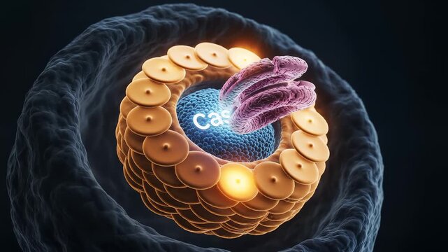 CRISPR Cas9 gene editing technology, microscopic 3D visualization of DNA modification, genetic engineering and biotechnology research concept