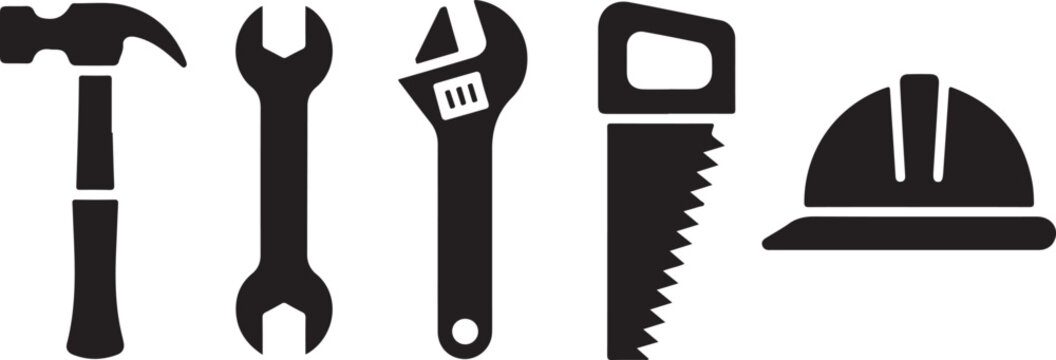 Construction tools icons hammer wrench adjustable spanner hand saw safety helmet set