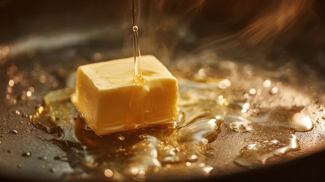Close-up of melting butter block in sizzling hot pan with oil splashes and steam rising in culinary cooking scene