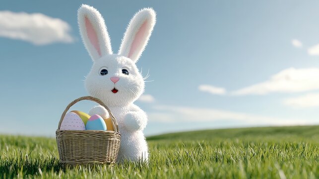 Cute and Soft Bunny with Easter Basket on a Bright Sunny Day