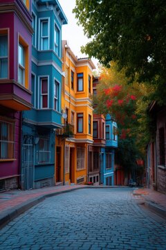 Colorful European cobblestone street with vibrant historic houses
