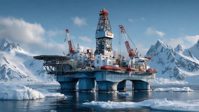 Oil Rig in Frozen Landscape: An expansive oil rig stands imposing amidst a frozen, majestic landscape, with rugged mountains and a pristine ocean. This captures the essence of industry in a cold.