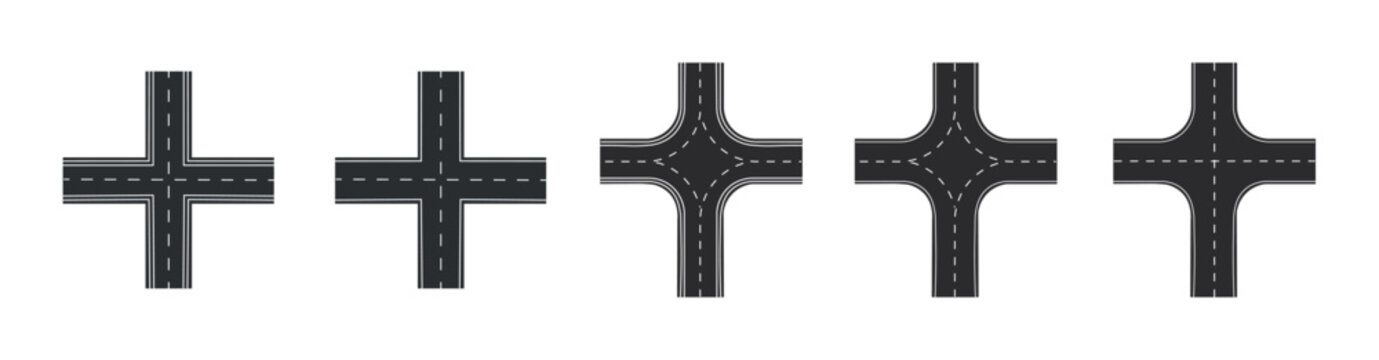 City Road & Highway Top View Vector Set &ndash; Streets, Crossroads, Roundabouts and Curved Asphalt Junctions for Traffic Map Design
