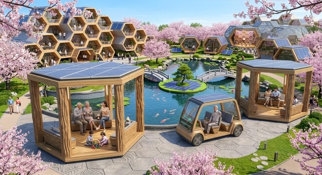AI-generated ソーラー屋根と名栗加工を施した未来的なハニカムガゼボ、日本庭園でくつろぐ人々。