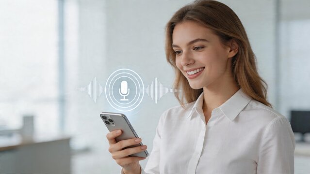 Businesswoman using smartphone voice assistant in modern office technology