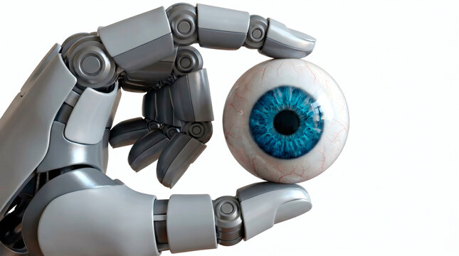 Roboterhand h&auml;lt ein menschliches Auge