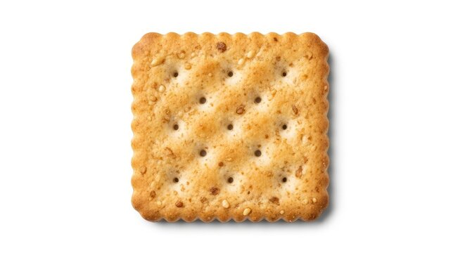 Single square whole wheat cracker with scalloped edges isolated on white background, top view