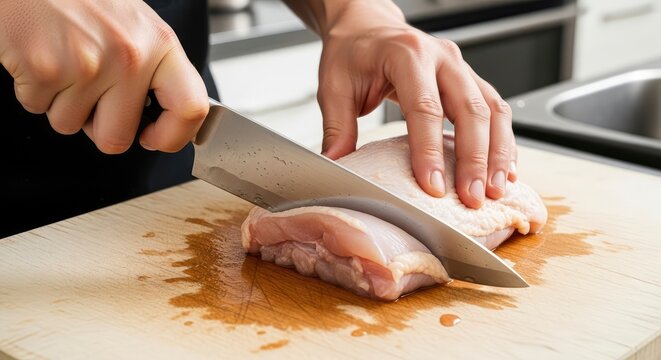 Professional Chef Hands Slicing Fresh Raw Chicken Breast with a Sharp Knife on a Wooden Cutting Board, Preparing Meat for Cooking in a Kitchen