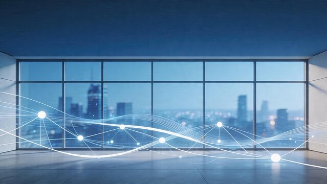 Business office interior with panoramic city view futuristic data network overlay abstract technology concept global connectivity theme digital transformation background empty