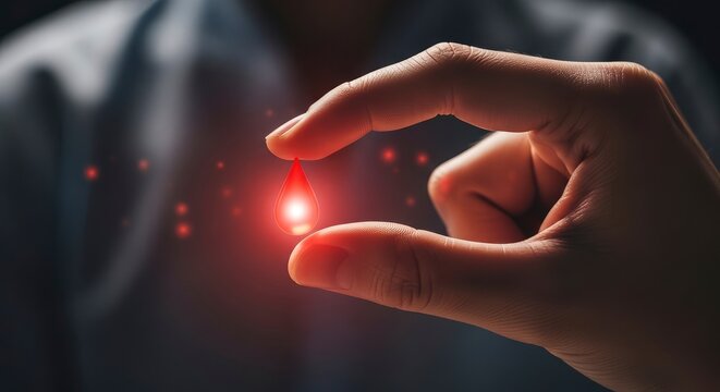 Healthcare Concept of a Hand Holding a Glowing Red Blood Drop for Diagnostic Testing and Medical Research