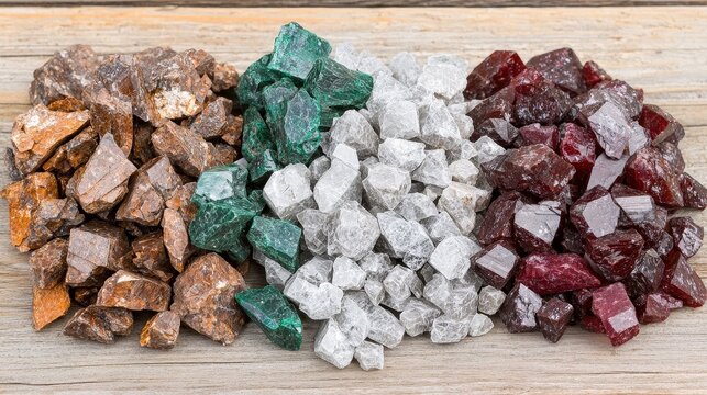 Colorful Collection of Raw Natural Mineral Crystals on Wooden Table