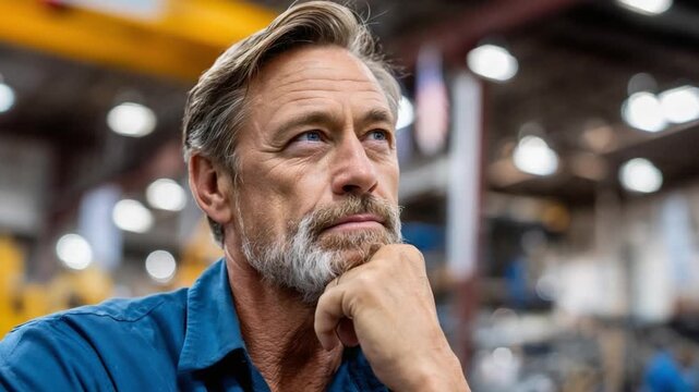 Thoughtful Glance in Workshop: A senior craftsman, with a contemplative expression, pauses, chin resting on his hand, while deep in thought amidst an industrial workshop.
