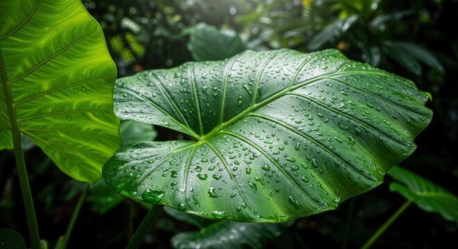 Lush Green Elephant Ear Plant Leaf with Raindrops in a Tropical Rainforest Setting