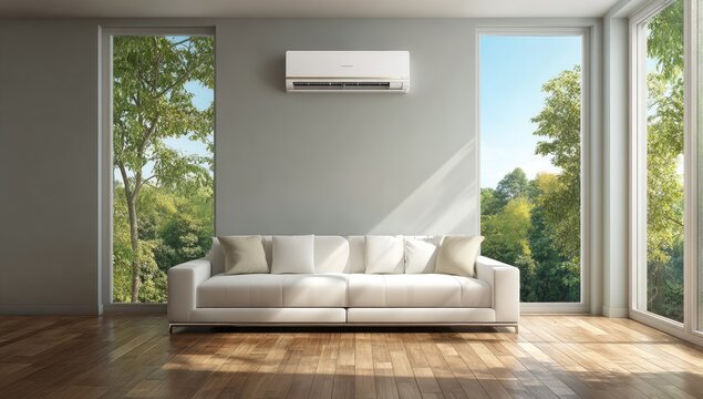 A modern living room features a comfortable white sofa positioned beneath a wall-mounted air conditioning unit, with large windows offering a view of lush greenery.