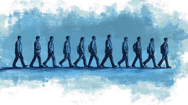 Group of men walking in line against a textured blue background People