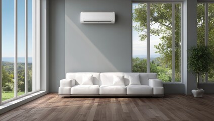 Obraz premium A modern living room features a comfortable white sectional sofa, expansive windows overlooking a lush landscape, and a sleek air conditioning unit mounted on the wall.