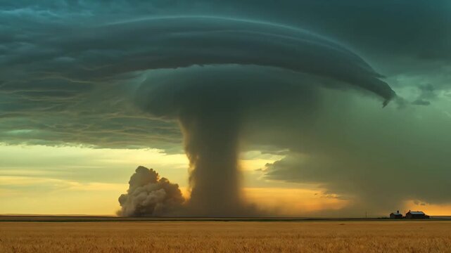 Massive EF5 tornado over open plains under green supercell sky