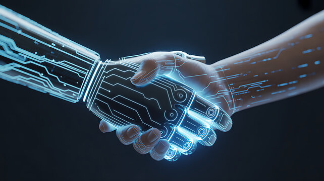 human and robotic hand shaking with glowing blue circuit board lines on arms and hands