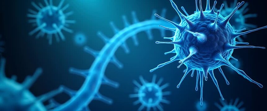 Microscopic close-up of virus cells in a digital animation, with a slow pan and gentle ambient motion, showcasing a realistic, high-tech visualization for medical and scientific research.