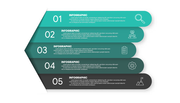 Clean 5 step infographic with gradient layers, icons, and text sections, perfect for workflow, business process, and presentations.