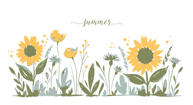 Summer flowers, sunflower border, floral illustration, vector graphics