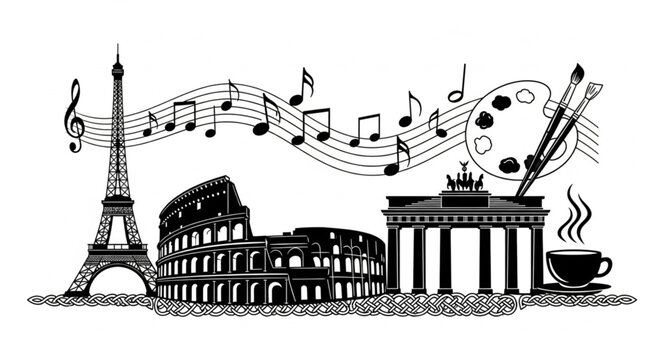 Iconic Landmarks of Paris Including Eiffel Tower Colosseum and Parthenon.