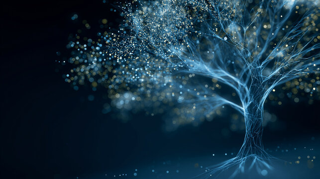 Abstract glowing tree with intricate root system, dark background
