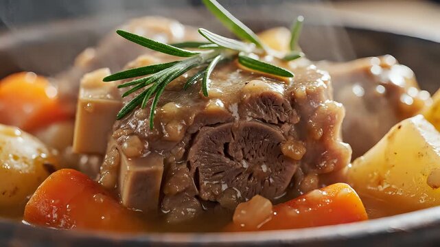 Delicious Braised Oxtail Stew with Root Vegetables and Rosemary.