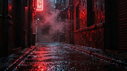 Naklejka premium Cinematic Red Neon Alleyway in Rain with Foggy Atmosphere