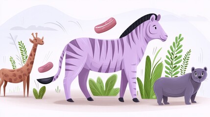 Naklejka premium Colorful Cartoon Animals in Playful Jungle Setting with Plants