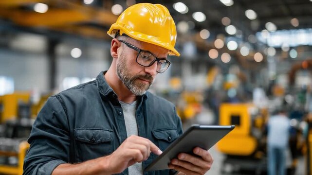 Industrial Insight: An experienced worker, equipped with protective eyewear and a helmet, concentrates intently as he examines data on his tablet within the context of the manufacturing environment.