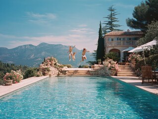 Obraz premium Two young boys joyfully leap into a luxurious swimming pool overlooking a stunning mountain landscape and a charming Mediterranean villa.