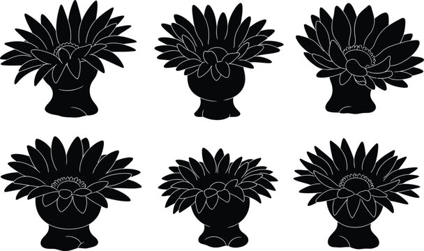 Six black silhouette flowers with white outline in a grid layout