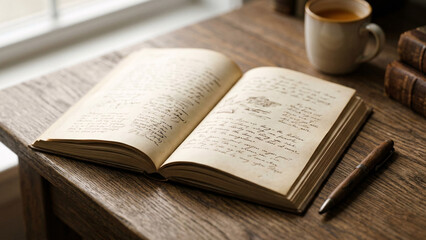Fototapeta premium Open Vintage Notebook with Handwriting and Pen on Rustic Table