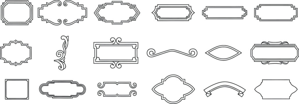 Collection of decorative black outlined frames and borders on white background, ornamental vintage