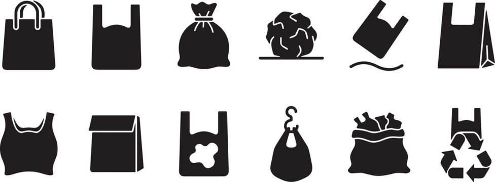 Bag waste silhouettes shopping plastic garbage recycling paper reusable disposal eco environment icon illustration vector design set