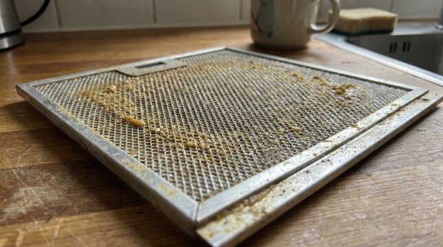 Greasy dirty kitchen hood filter close up on wooden countertop