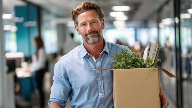 Transition Moment: A man, carrying a box of personal belongings, navigates the bustling office environment, suggesting a new chapter in a professional life.