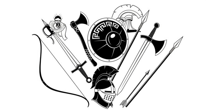 Collection of Medieval Weapons and Armor Items Displayed.