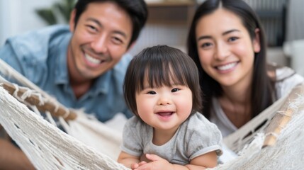 Fototapeta premium Happy Asian couple with their smiling toddler with Down syndrome relaxing in a hammock.