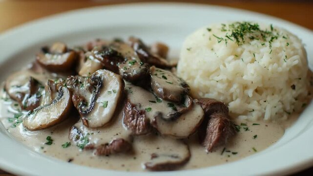 selective focus beef stroganoff with creamy mushroom sauce over rice