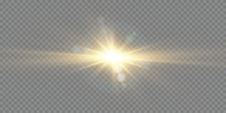 Golden star , sunlight on transparent background special lens flare and bokeh , light effect, bright ray light.